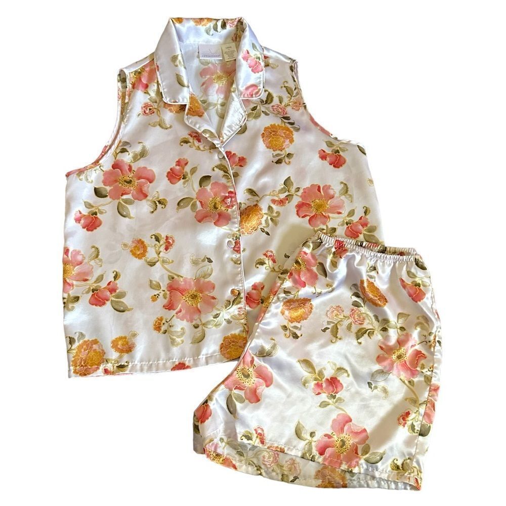 Soft Sensations Orange Cream Floral Satiny Two Piece Nighty Pajama Set